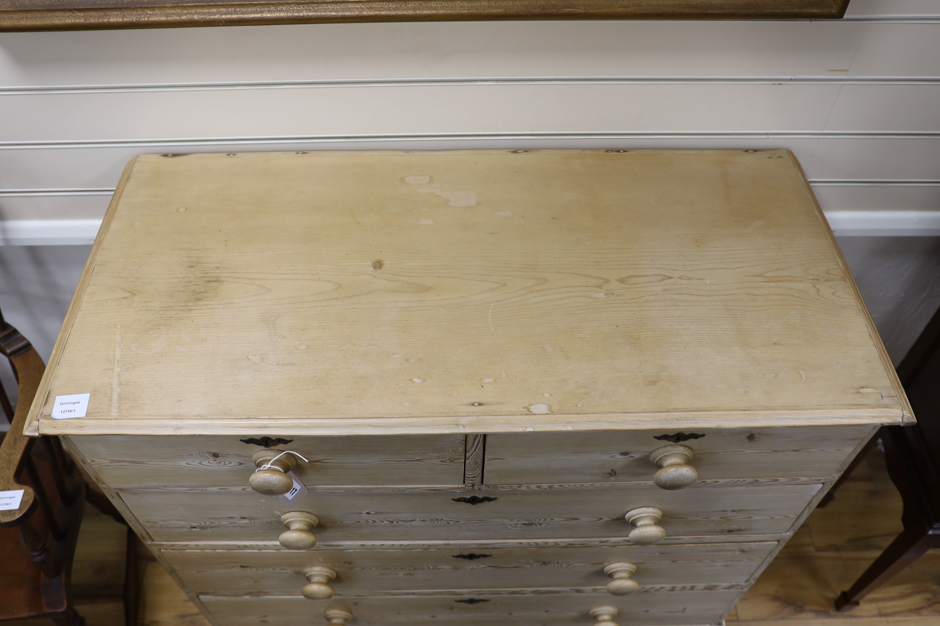 An early 19th century pine chest of five drawers, width 106cm, depth 49cm, height 102cm